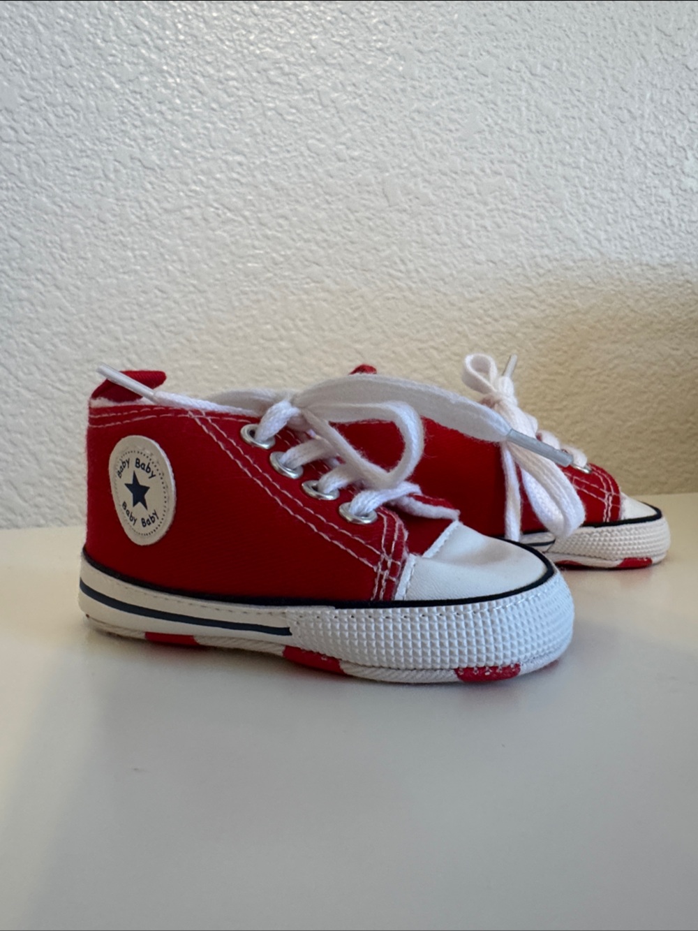 Classic Converse-like Red Newborn Sneakers with White Laces. Infant size 1